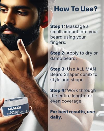 Image of ALL MAN Fuzz Fixer Beard Styling Paste, Strong Hold Cream Wax, With Mango Butter & Milk Protein for Strong Hair | Pack of 2 | 100g