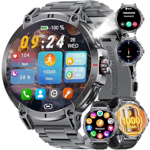 Boussole/1000 mAh Batterie/LED Lampe Militaire, Montre Connectée Homme Smartwatch Sport: 1,92″ HD avec Appel Bluetooth,100+ Modes Sport,Fréquence...