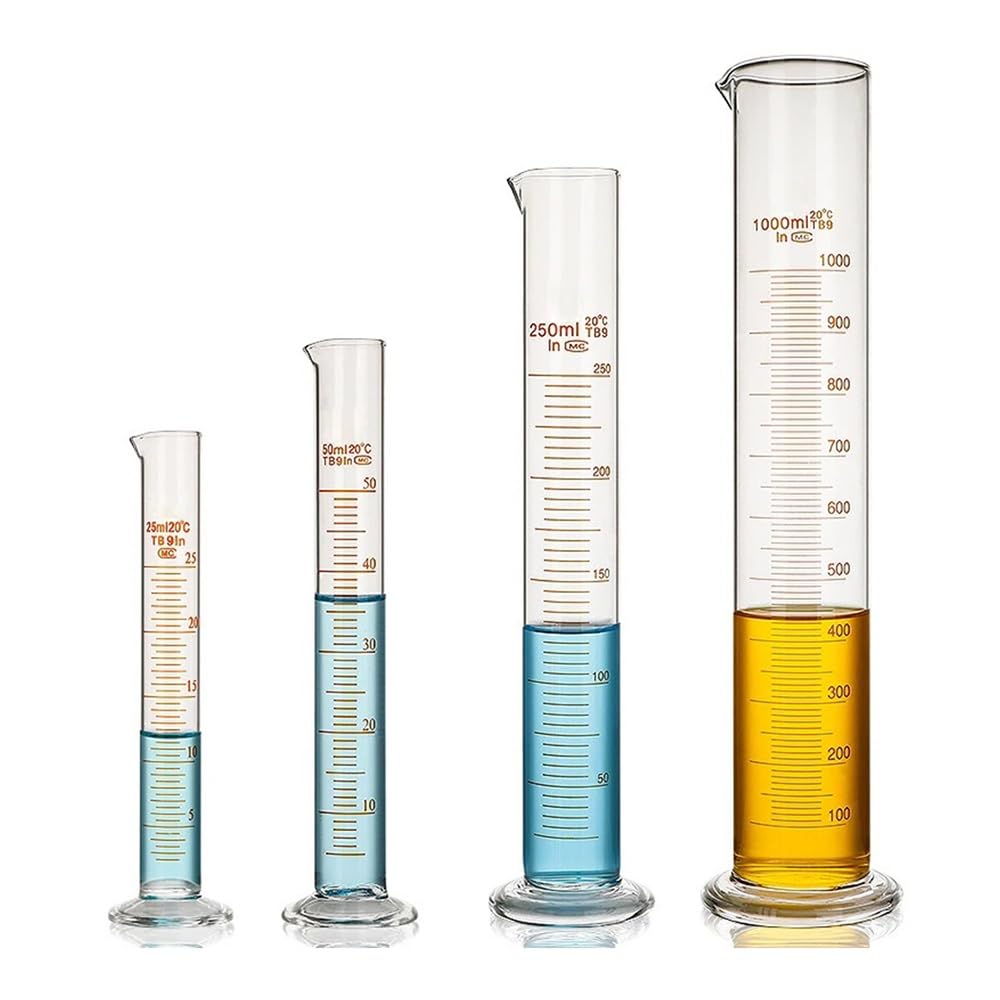 1 cylinder laboratoryjny z miarką od 5 ml do 1000 ml, szklany pojemnik pomiarowy, materiały laboratoryjne (1000 ml)