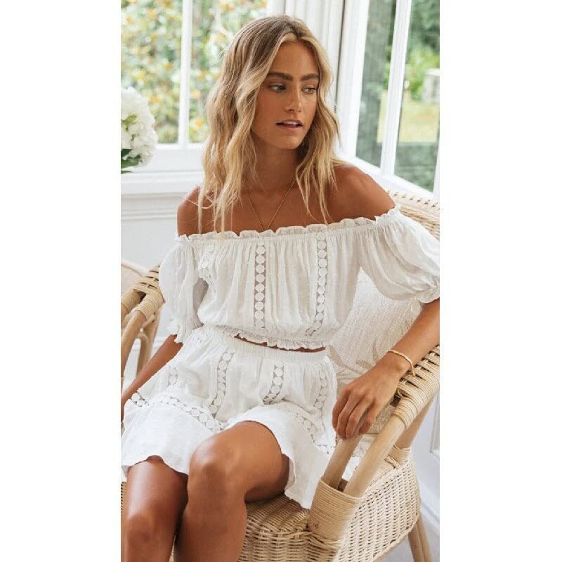 2022 Zomer Tweedelige Jurk Sets Vrouwen Bohemian Casual Beachwear Lace Off Shoulder Crop Tops en Korte Plooirok Sets - Image 4