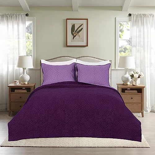 Rosecret Quilt Sets Twin Size,Reversible Washed Cotton Dark Purple Coverlet,Wrinkle & Fade Resistant,Floral Geometric Bedspread,Soft Cozy Warm For All Season #TOP28