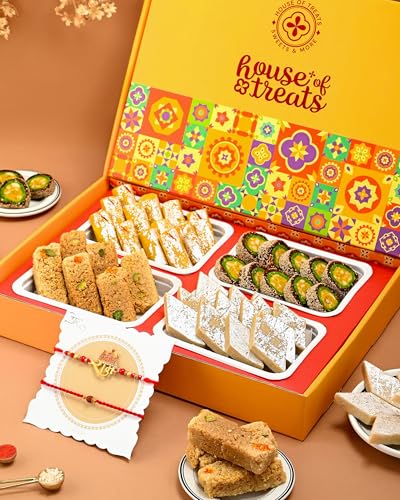 Image of HYPERFOODS House of Treats Rakhi With Sweets Gift Pack Sweets Indian Mithai Pack of 4 Kaju Katli Milk Cake Anjeer Chakkar Kesar Roll 200G each Whispers of Ram Rajya Rakhi Set of 2 With Roli & Rice