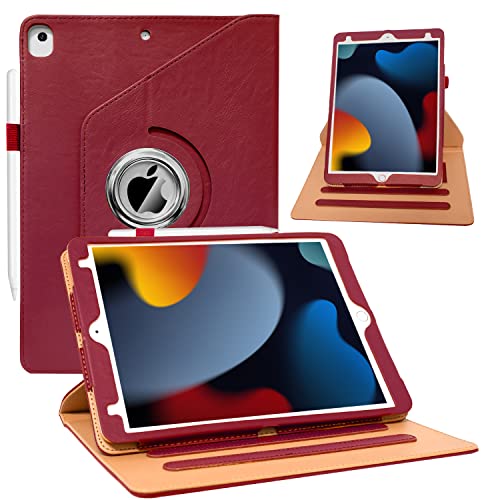 ZoneFoker for New iPad 9th/ 8th/ 7th Generation Case, iPad 10.2 Case, 360 Degree Rotating protMulti-Angle Viewing Stand, Leather Cover with Pencil Holder for iPad 10.2 inch 2021/2020/ 2019 - Red