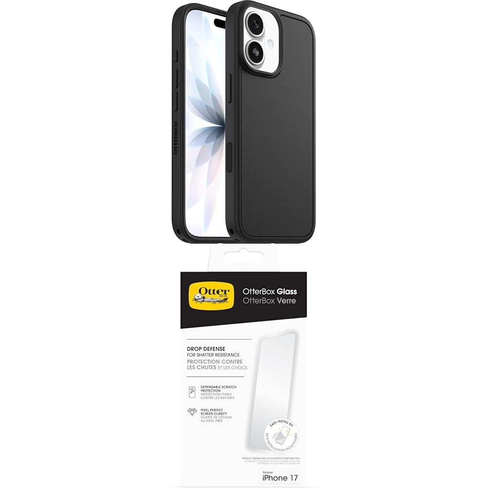 OtterBox Symmetry Series MagSafe funda para iPhone 17, Testada 3x con los estándares Militares anticaídas, Negro + OtterBox Glass Protector de Pantalla de Cristal Templado