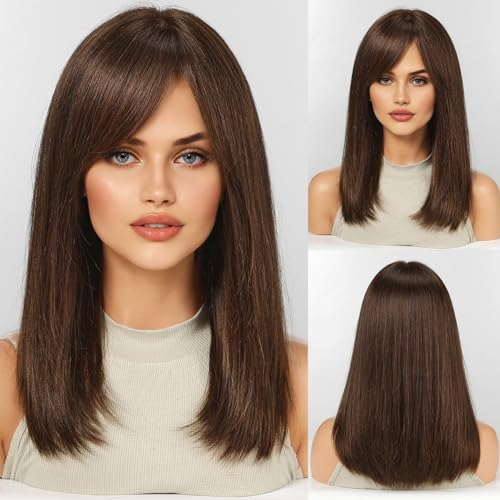 Image of KKU 16 Inch Dark Brown Human Hair Wigs for Women, Straight Human Hair Wig with Bangs,Remy Human Hair Wigs,Daily Wig