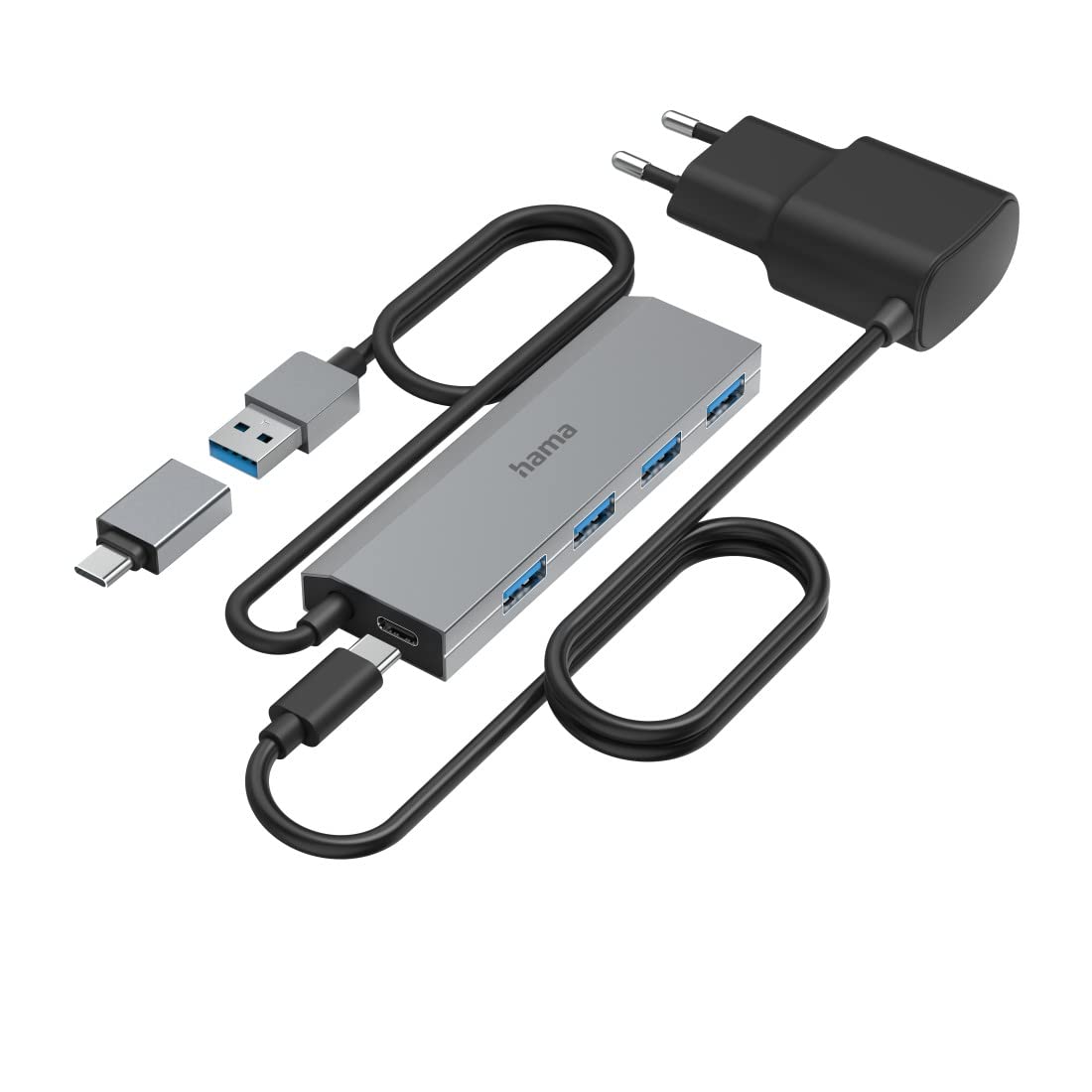 Hama Hub USB, 4 Ports, USB 3.2 Gen1, 5 Gbit/s, Adaptateur USB-C et Bloc Secteur, Garantie 10 Ans, Gris