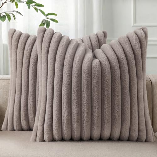 Image of Pallene Faux Fur Plush Throw Pillow Covers 22x22 Set of 2, Luxury Soft Fluffy Striped Decorative Pillow Covers for Sofa, Couch, Living Room, Light Coffee