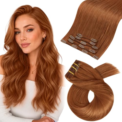 Image of Moresoo Clip in Hair Extensions Copper Orange Human Hair 14 inch 80g 5pcs | Human hair clip in extensions, vivid ginger copper finish, seamless clip ins, smooth straight style for daily thickness