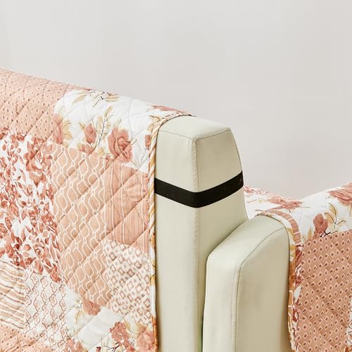 Image of Great Bay Home Reversible Patchwork Chair Cover - Washable Slipcover Furniture Protector with Elastic Straps - Perfect for Kids & Pets - Box-Stitched Detail (Dusty Rose)