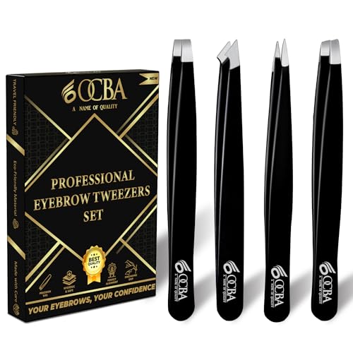 OCBA 4 pièces Pince à épiler les sourcils Pointe améliorée Pince à sourcils professionnelle avec revêtement antidérapant Pince pour épilation des poils Pince...