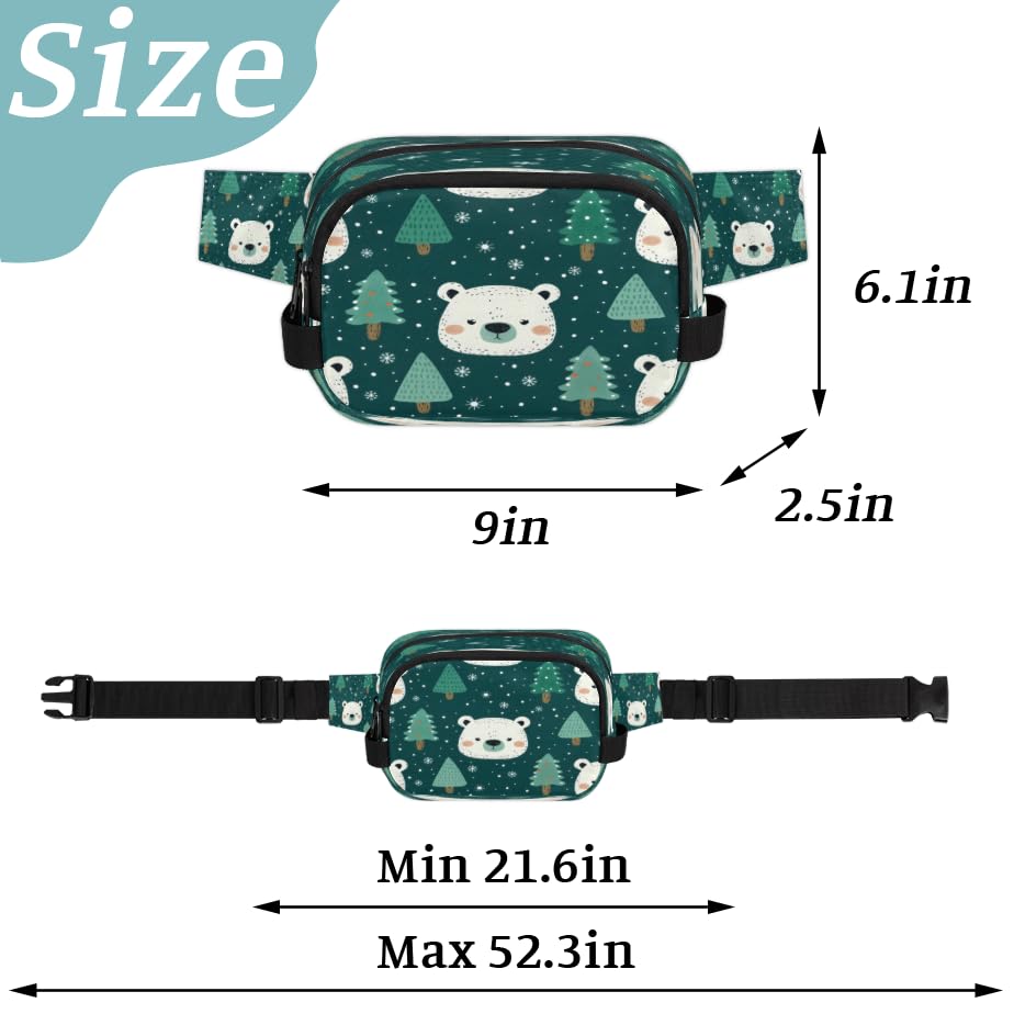 Bears Trees Snowflakes Waterproof Fanny Pack for Women Men Adjustable Waist Bag with Double Zipper Pockets Lightweight Square Hip Pack for Running Travel Hiking Workout Cycling