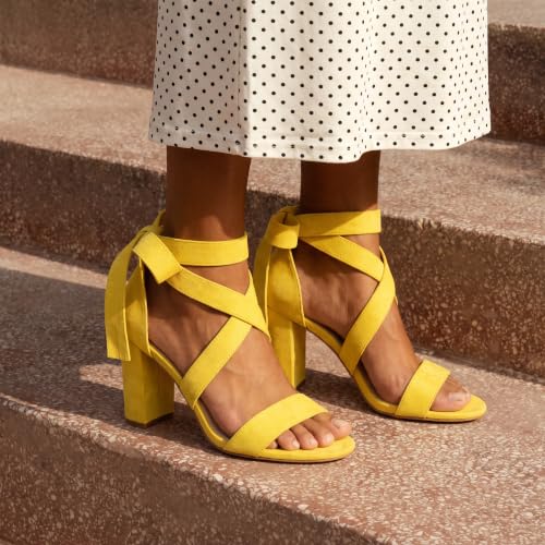 Image of Strappy Heels for Women Chunky Heels High Heeled Sandals with Lace Up Fahsion Casual Nude Block Heel Sandals