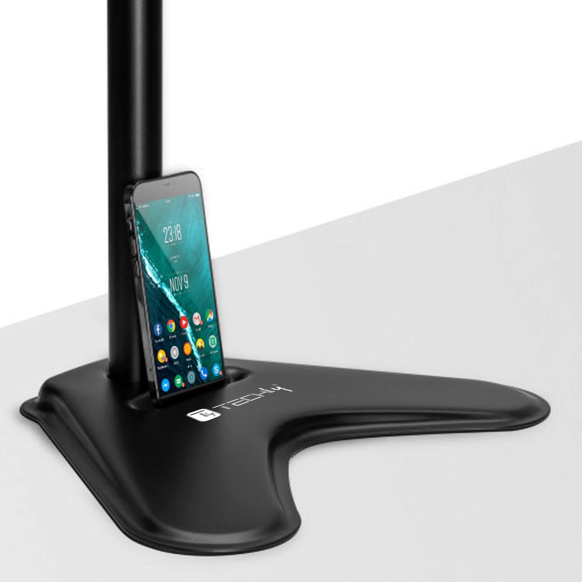 Techly 365672 Supporto da Scrivania 2 Monitor 17-32" con Base e Supporto per Smartphone Nero