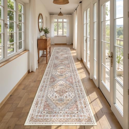 Restydon Hallway Runner Rug 2x12, Extra Long Washable Runner Rugs with Rubber Backing, Non Slip Runner, Vintage Rug Runners for Kitchen Laundry Room Entryway (Orange,2'x12')