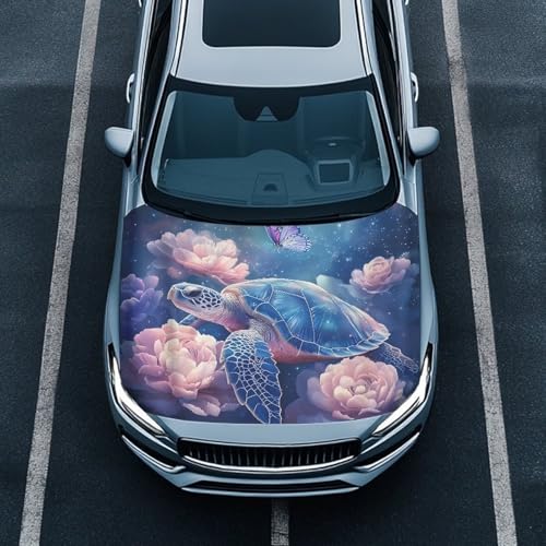 Image of Turtle Pink Flower Car Hood Cover 59x39 Inch Car Hood Protector Car Hood Flag All Weather Universal Car Exterior Accessories for Sedan SUV Truck Pickup Jeep