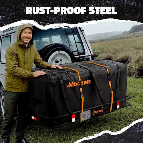 Image of Mockins 60 inchx24 inchx6 inch XL Heavy Duty Trailer Hitch Cargo Carrier | 500 Lbs Cap Folding Luggage Rack for SUV Car & Truck | All-Weather Steel Hitch Rack Cargo Carrier w /License Plate Bracket & Accessories