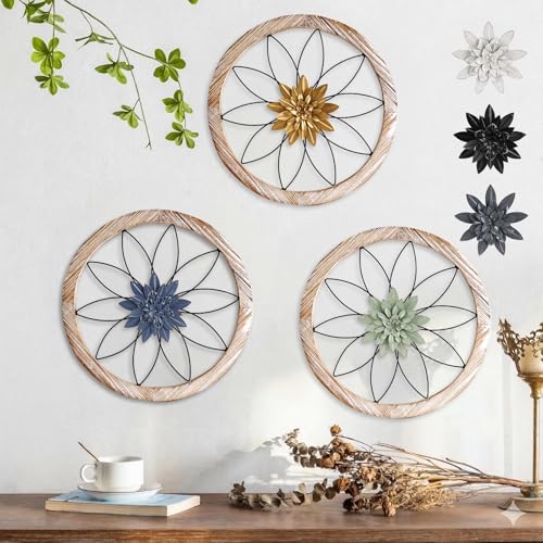 Paquesta 3 Piece Round Farmhouse Wall Decor with 6 Piece Interchangeable Flowers 15.75'' Medallion Wood & Metal Rustic Wall Art for Living Room Bedroo
