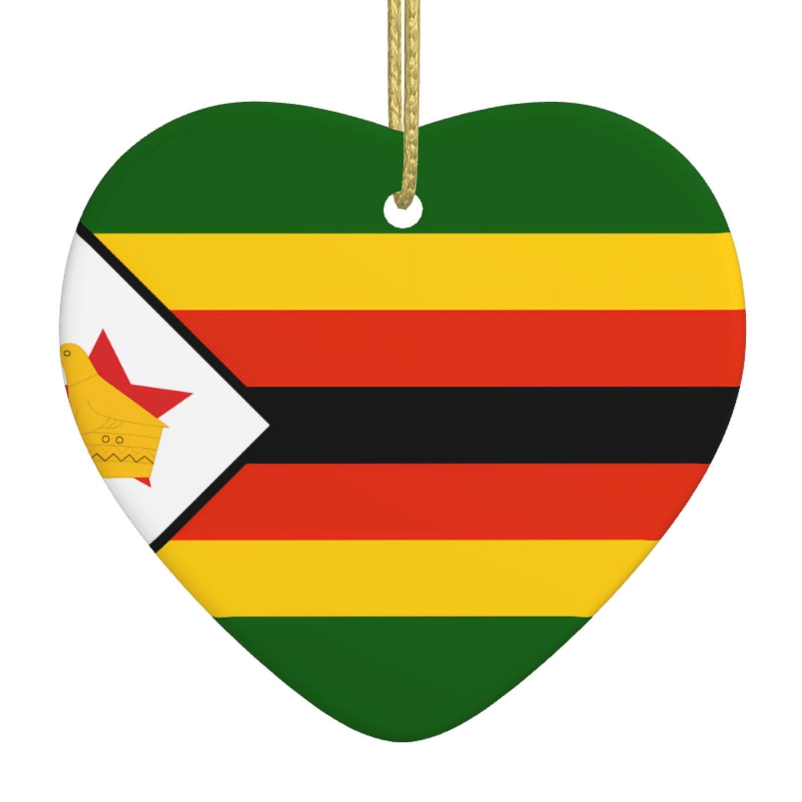Flag of Zimbabwe Ceramic Christmas Heart Pendant with Silk Thread, Christmas Tree Home Decoration