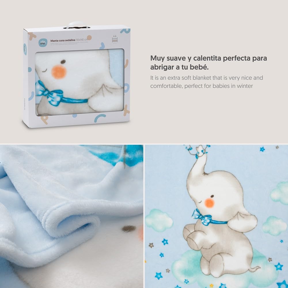 Interbaby - Manta para Cuna Bebé | Extrasuave de Sedalina Elefante Cometa, Cómoda, Cálida | Manta Bebé 110x140cm, Unisex, Para Cunas.