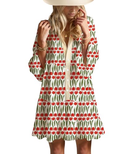 Image of Summer Dresses for Women 2026 Flowy Ruffle 3 /4 Sleeve V Neck Tiered Casual Babydoll Boho Beach Mini Dress