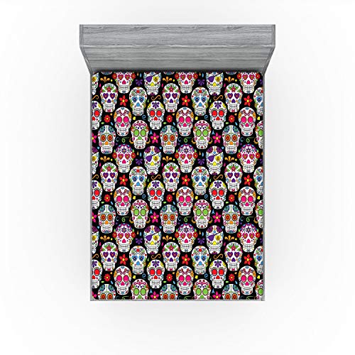 Ambesonne BS_67874_FULL Sugar Skull Fitted Sheet, Skeleton Theme Day Of The Dead Sugar Skull Pattern With Different Ornaments, Soft Decorative Fabric Bedding All-Round Elastic Pocket thumb #1