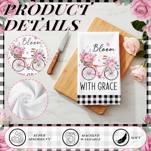 Image of VitalCozy 6 Pcs Lavender Summer Kitchen Towel Set Funny Housewife Farmhouse Rustic Bath Hand Towel for Holiday Bathroom Gift, 24 x 16 Inches (Black and White,Pink Rose)