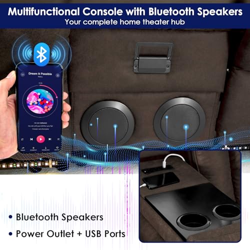 Image of Redlife Power Loveseat Recliner Sofa with Console, Leathaire Farbic Dual Reclining Couch with Blue LED Lights, Bluetooth Speakers, USB Ports, Phone Holders, Home Theater & RV Recliner (Coffee Brown)
