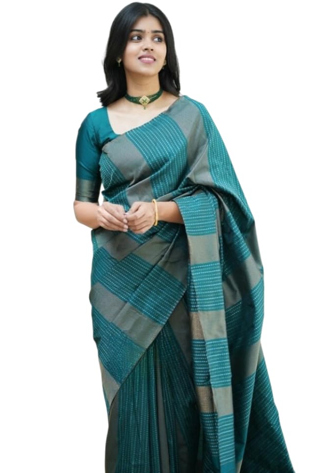 Image of Flosive Women's Present Banarasi Soft Lichi Silk Saree Beautiful Jacquard Rich Pallu Design Work Zari Woven Kanjivaram Silk Style Saree With Soft Lichi Silk Blouse Piece beauty (GREEN).