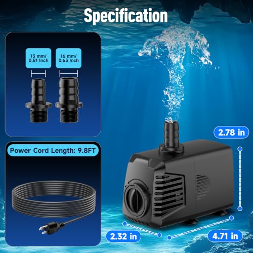 Image of 400GPH Submersible Water Pump, Water Fountain (1500L /H, 24W) with 6.6FT High Lift Adjustable & 2 Nozzles & 9.8FT Cord, Ultra Quiet Aquarium Pump for Pond Fountain Waterfall Hydroponics-Q103