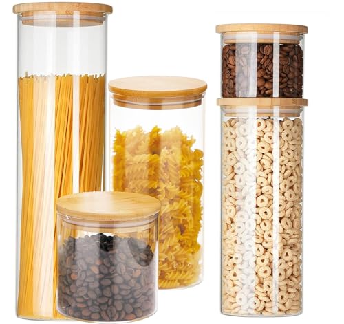 LATRAT Juego de tarros de almacenamiento herméticos, para cereales, espaguetis, frijoles, harina, transparentes, 2100 ml+750 ml+600 ml+300 ml+250 ml