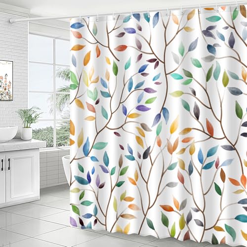 JWXCBIM Boho Leaf Floral Shower Curtain, Spring Summer Modern Colorful Botanical Leaves Bohemian Fabric Shower Curtain Set with 12 Hooks, Bathroom Accessories Decor Cloth Curtain 72x72 Inches by JWXCBIM - Image 2