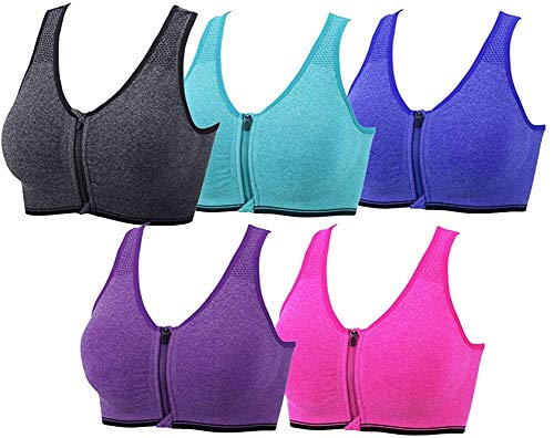 5PCS Women's Zip Front Sports Bra Post-Surgery Bra Zipper Front Wirefree Removable Pads Yoga Bra Racerback Workout Bras