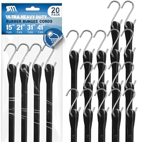 Bungee Cords with Hooks 20 Pack Heavy Duty Black Rubber Tarp Straps