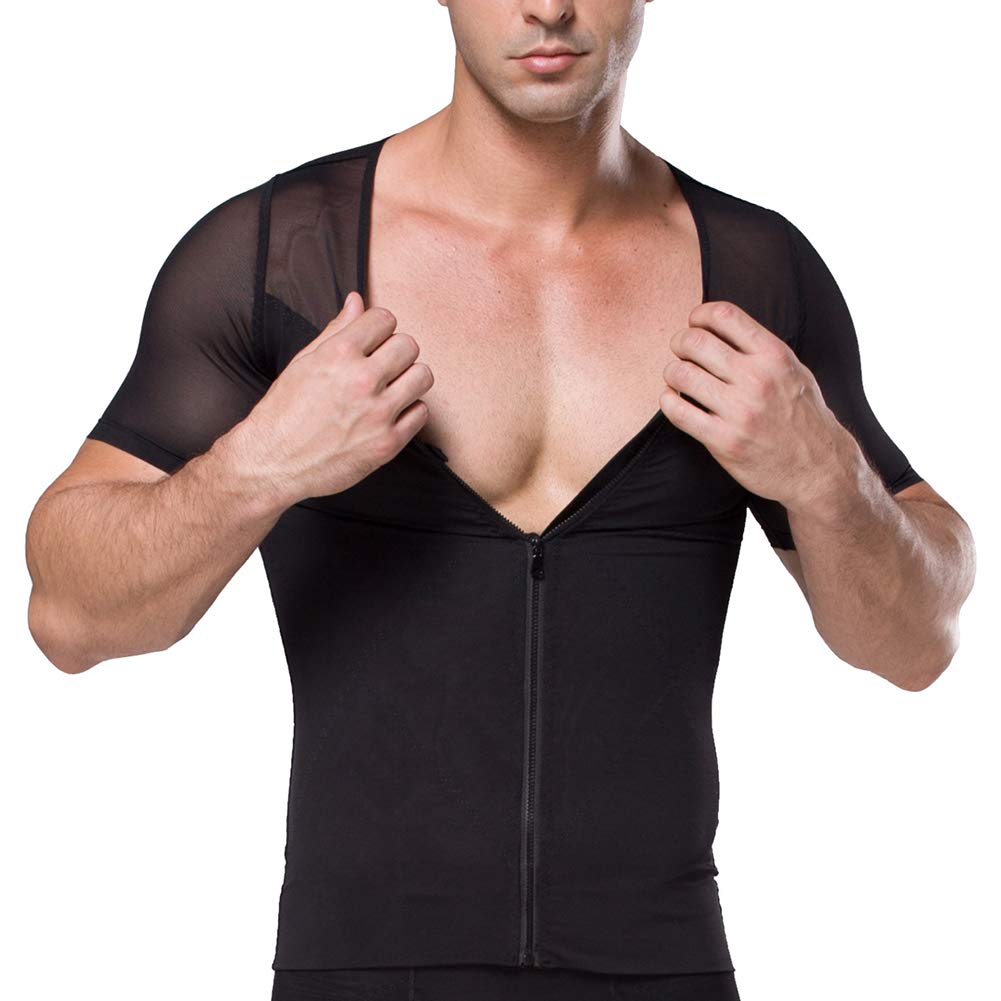 Mens T Shirts Tummy Control Body Shaper Gynecomastia Shapewear Compression Training Gym Top Undershirt Posture Corrector Base Layer，Black,XXL