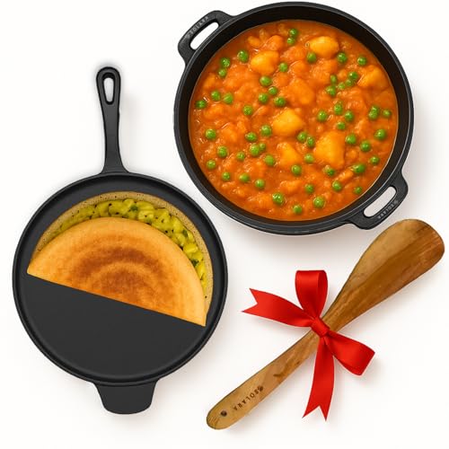 SOLARA Crownstone Premium Pre-Seasoned Cast Iron Cookware Set of 2 with Free Wooden Spatula, Tawa (12