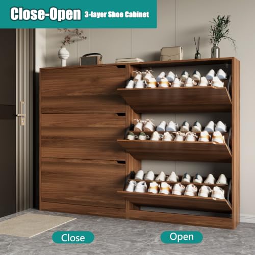 Image of Xixini Shoe Storage Cabinet for Entryway with 3 Flip Drawers, Sturdy Wood Hidden Shoe Storage, Freestanding Narrow Slim Shoe Organizer for Front Door Entrance, Living Room, Hallway, Bedroom, Walnut