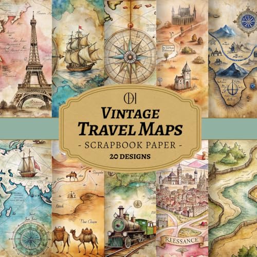 Vintage Travel Maps Scrapbook Paper: 20 Double-Sided Vintage Travel Designs Featuring Old World Maps, Compass Roses & Adventure Scenes for Junk ... Card Making, Collage & DIY Crafts (Craft Pad) image 2
