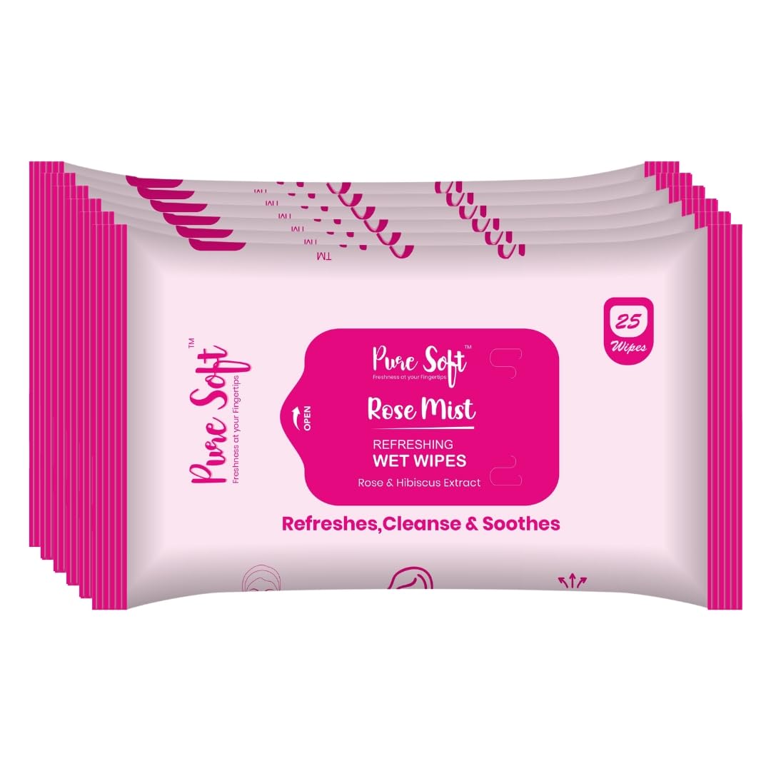 Pure Soft Rose Mist Refreshing Wet Wipes 25N Each - Pack of 6 | Wet Wipes for Face with Rosehip Extract, Hibiscus Extract & Calendula Extract | Makeup Remover Wipes | Hydrating, Refreshing, Soothing | Paraben & Alcohol Free-image-33
