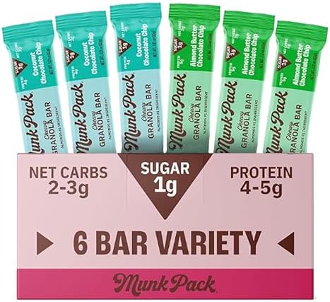 Munk Pack Chewy Granola Bars, Variety Pack - Healthy Low Sugar Snacks with 5g Protein, 1g Sugar with Allulose - Gluten Free & Low Glycemic - 6 Count