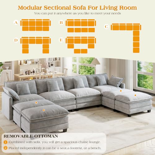 Image of Hanherry Modular Sectional Sofa,Cloud Couch for Living Room,Modern Deep Seat Sofa Chenille Fabric Comfy Couches with Throw Pillows & Movable Ottoman for Apartment