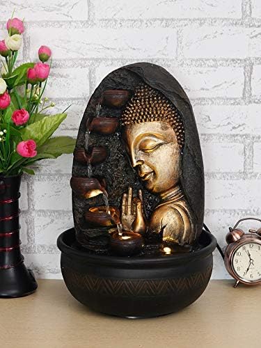 Image of Polyresin Golden Brown Side Face Buddha Table Top Home Decor Indoor 5 Steps Water Fountain with Yellow LED Lights & Water Flow Controller Pump (Size: 41.5 x 25 x 25CM | Weight: 2160grm)