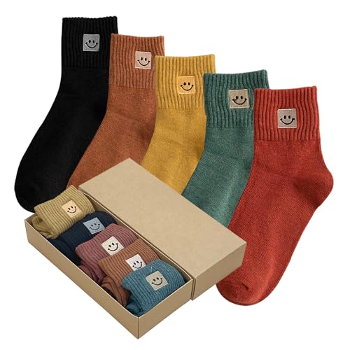 5 Pairs Cute Socks with Smiling Face Embroidery with Gifts Box Socks for Women