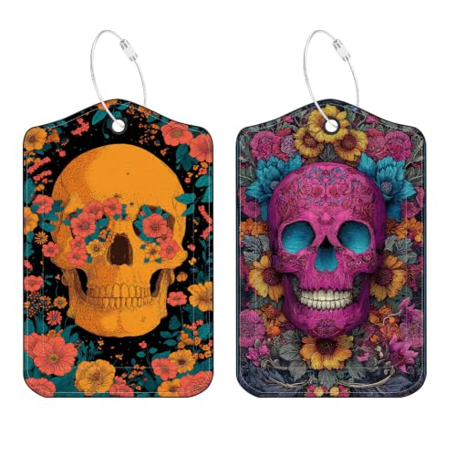Image of Floral Skull Luggage Tags 2 Pack, PU Leather Privacy Flap
