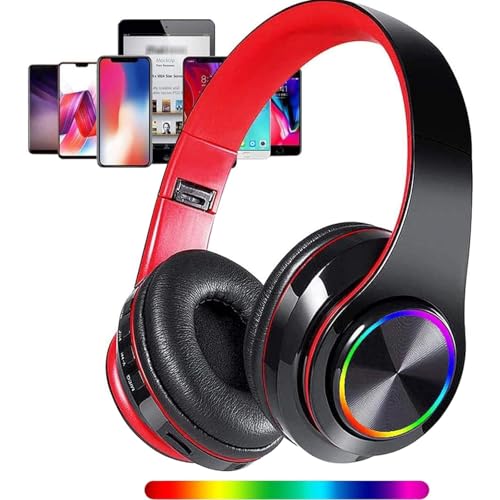 LFGKeng Wireless Bluetooth Headphones with Colorful LED Lights, Built-in Mic, Light Weight, Foldable, Wired HiFi Stereo Headphones for Classroom/Home Office/PC/Mobile Phone/Kids Adult (Black Red)