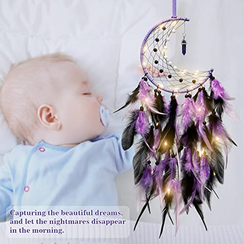 Dremisland Moon Dream Catcher with Fairy Lights-Handmade colorful Feather Lucky Turquoise Pendant Beads Wall Hanging Ornament for kids Bedroom Home Decoration,Art Craft Gift. - Image 7