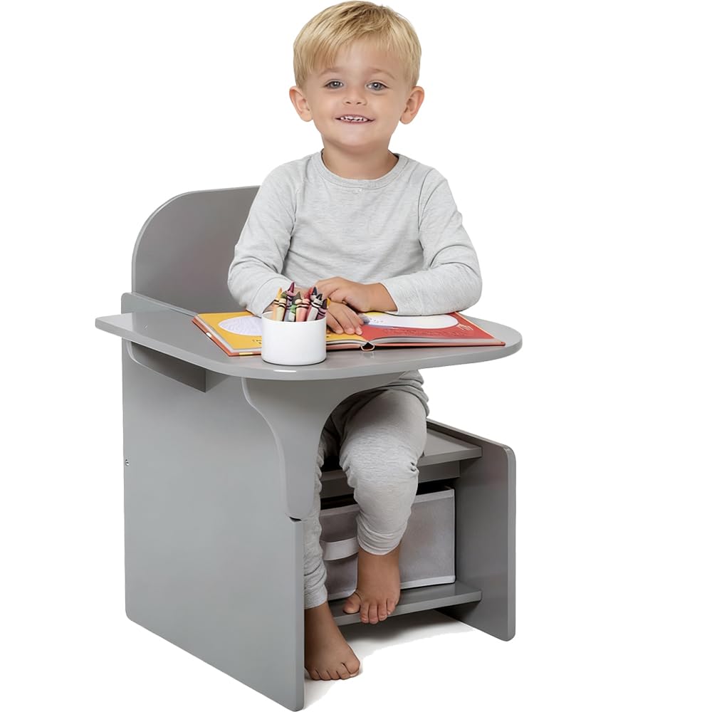 Rainbow Tree Kids Table and Chairs with Storage Bin Wooden Toddler Table and Chairs Sets 2 in 1 Children Chair Desk with Small Table for Study Activity Indoor or Outdoor Use (Grey)