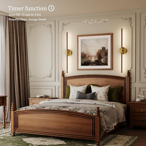 Image of 24 Inch Battery Operated Wall Sconce Set of 2-8000mAh, Rechargeable, Dimmable, 3000K-6000K, Remote, Touch Control, Timer, 350 Rotate, LED Wall Lamps for Living Room, Bedroom, Walnut Gold