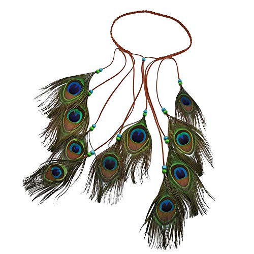 Fascia per Capelli,Fascia Piuma di Pavone Indiano Copricapo,Fascetta per Capelli Etnica Boema,Regolabile Fascia,Accessori per Capelli per Ragazze Donna,Regalo Perfetto per la Ragazza