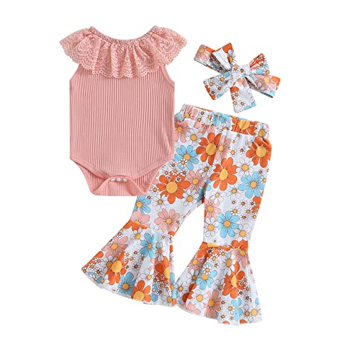 Image of LIOMENGZI Infant Baby Girl Summer Clothes Outfit Flower Print Fly Sleeve Solid Romper Tops Cute Baby Clothes Girl Outfit Set