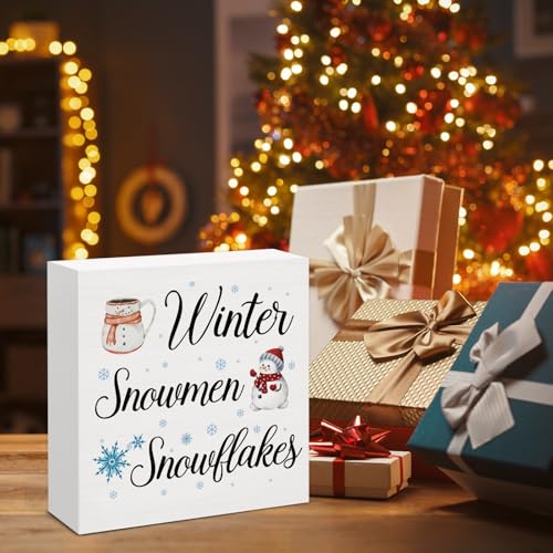 Image of Winter Decor, Snowflake Snowmen Wood Box Sign, Winter Wonderland Christmas Home Office Decorations for Desk Table Shelf 5 X 5 Inches